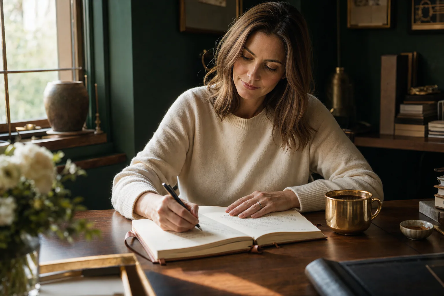 Frau beim Journaling — tägliche Reflexion